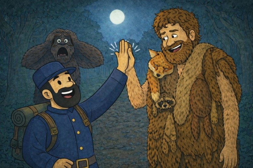 A fur-clad mountain man high-fives Flark while a confused Bigfoot looks on.