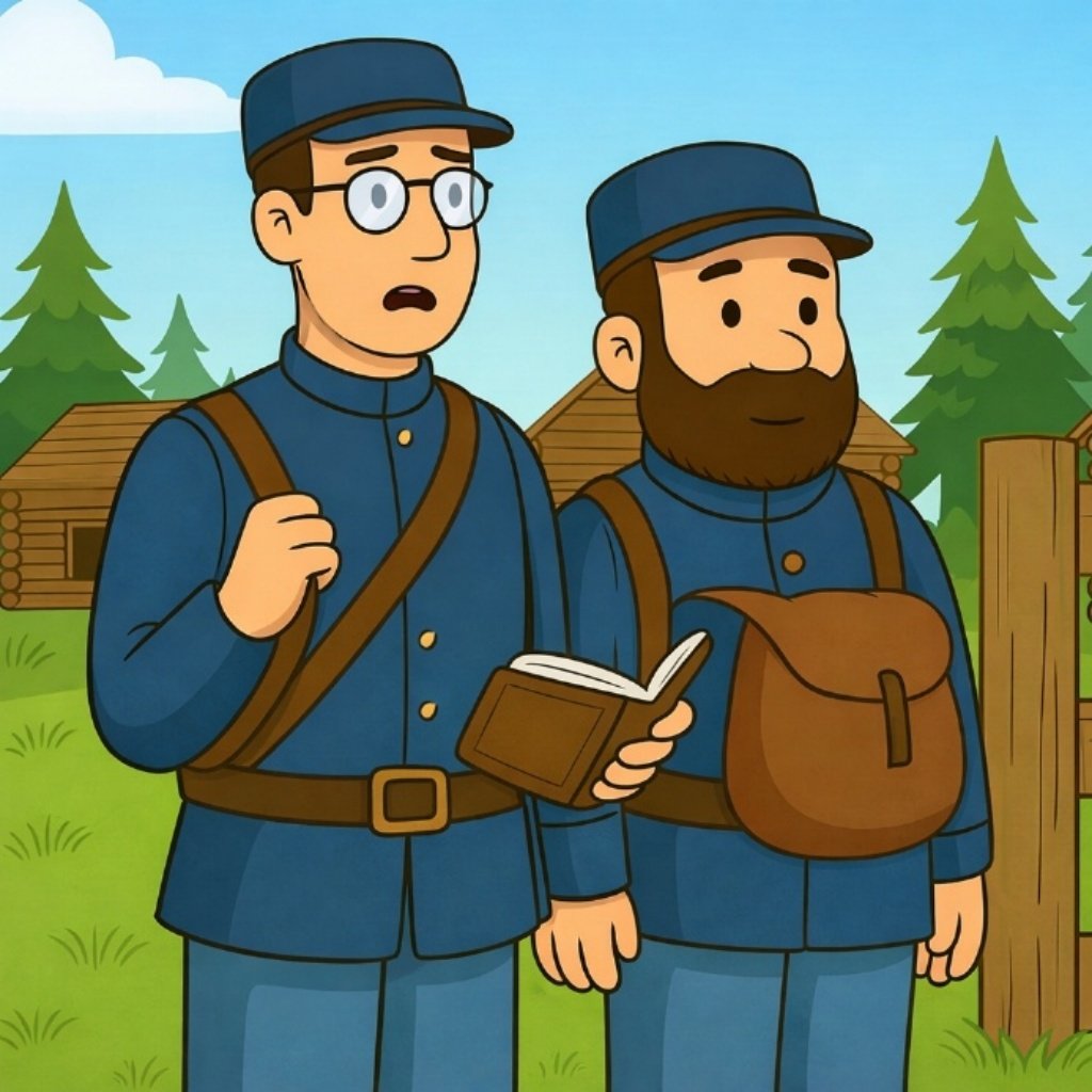 Cartoon portrait of Loomis and Flark in their Army uniforms at Fort New York.