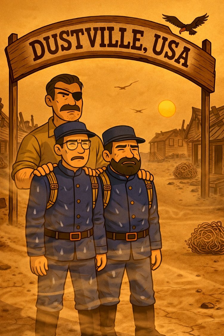 An eye-patched local welcomes Loomis and Flark to the dusty town of Dustville, USA.