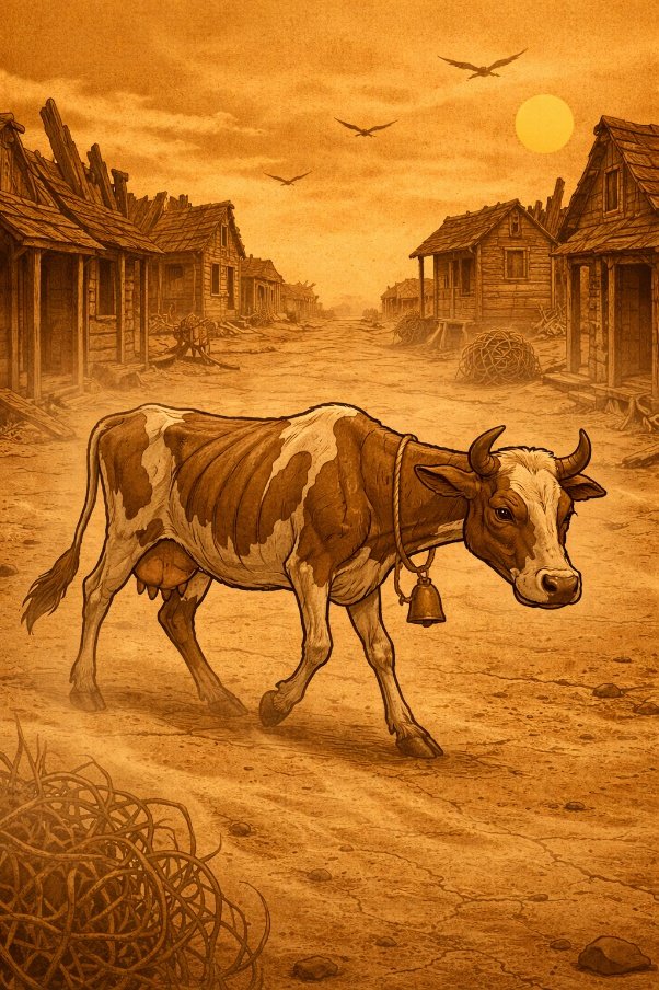 A skinny cow walks through the dusty, abandoned town of Dustville.