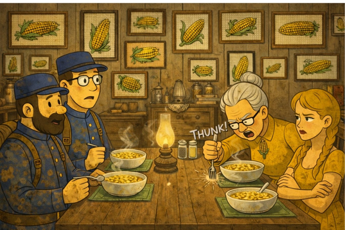 A granny stabs her fork into the dinner table beside walls covered in corn-themed cross-stitch.