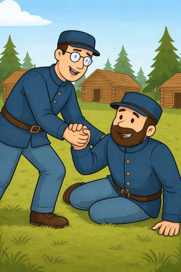 Loomis helps Flark up off the ground at Fort New York.