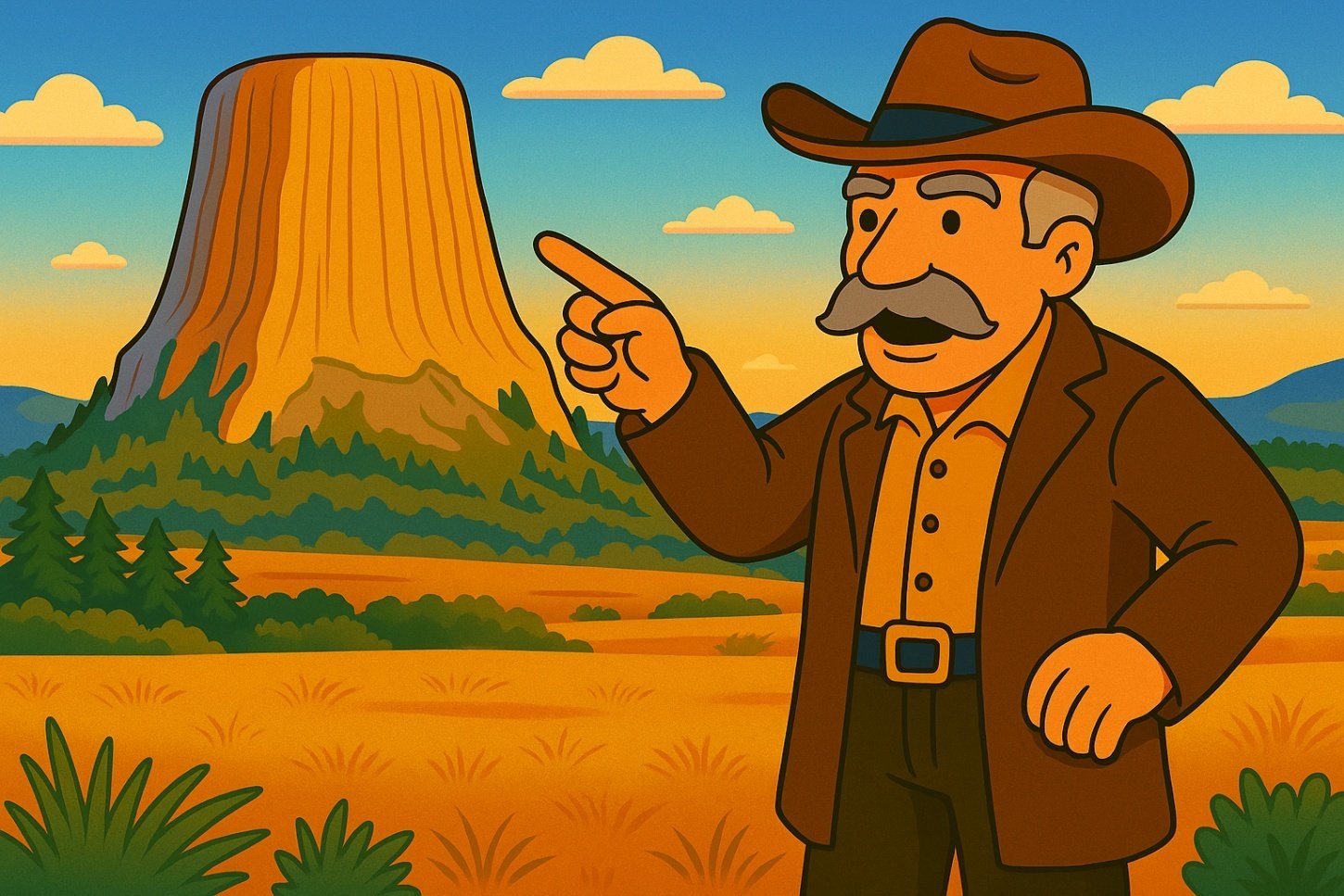 A mustachioed cowboy points proudly toward Devils Tower under a wide western sky.