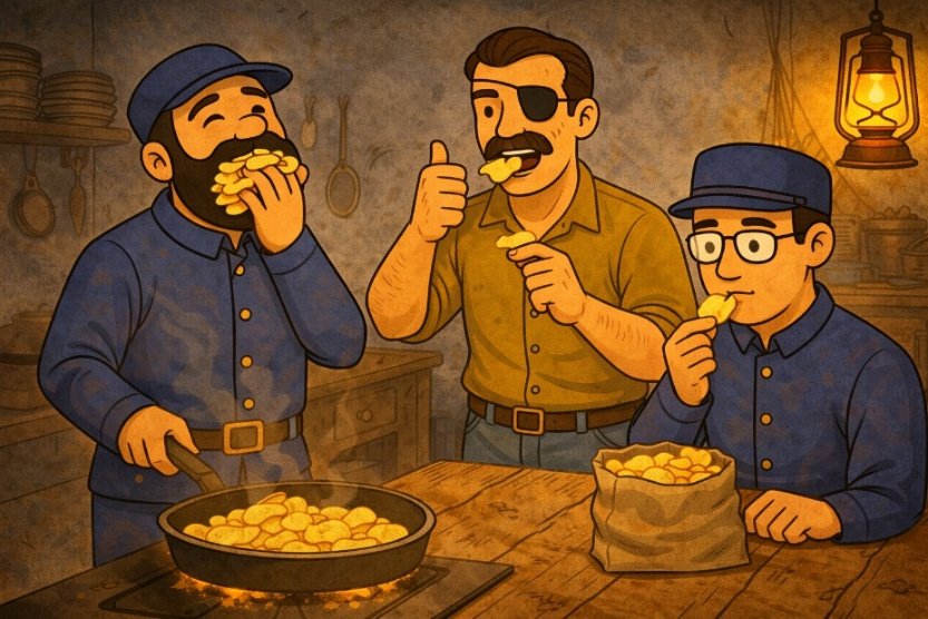 Three soldiers eat from a sack of golden potato chips, looking pleased with themselves.