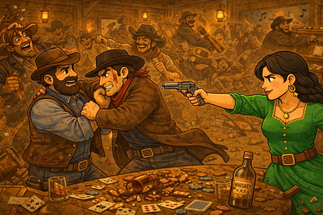A bar fight unfolds in a saloon while a woman in a green dress points a revolver across the table.