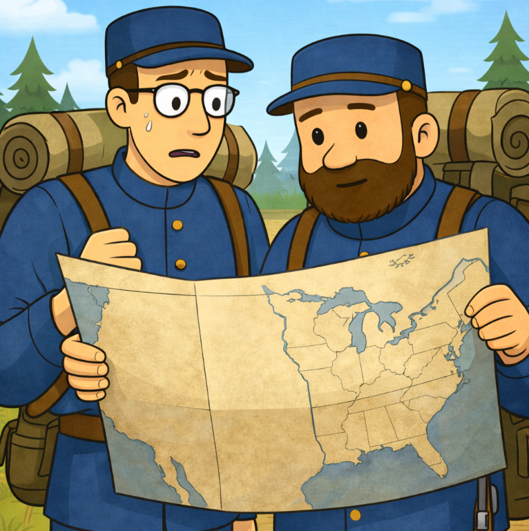 Loomis and Flark hold a tattered map of the U.S. The eastern half is detailed, the western half is blank parchment.