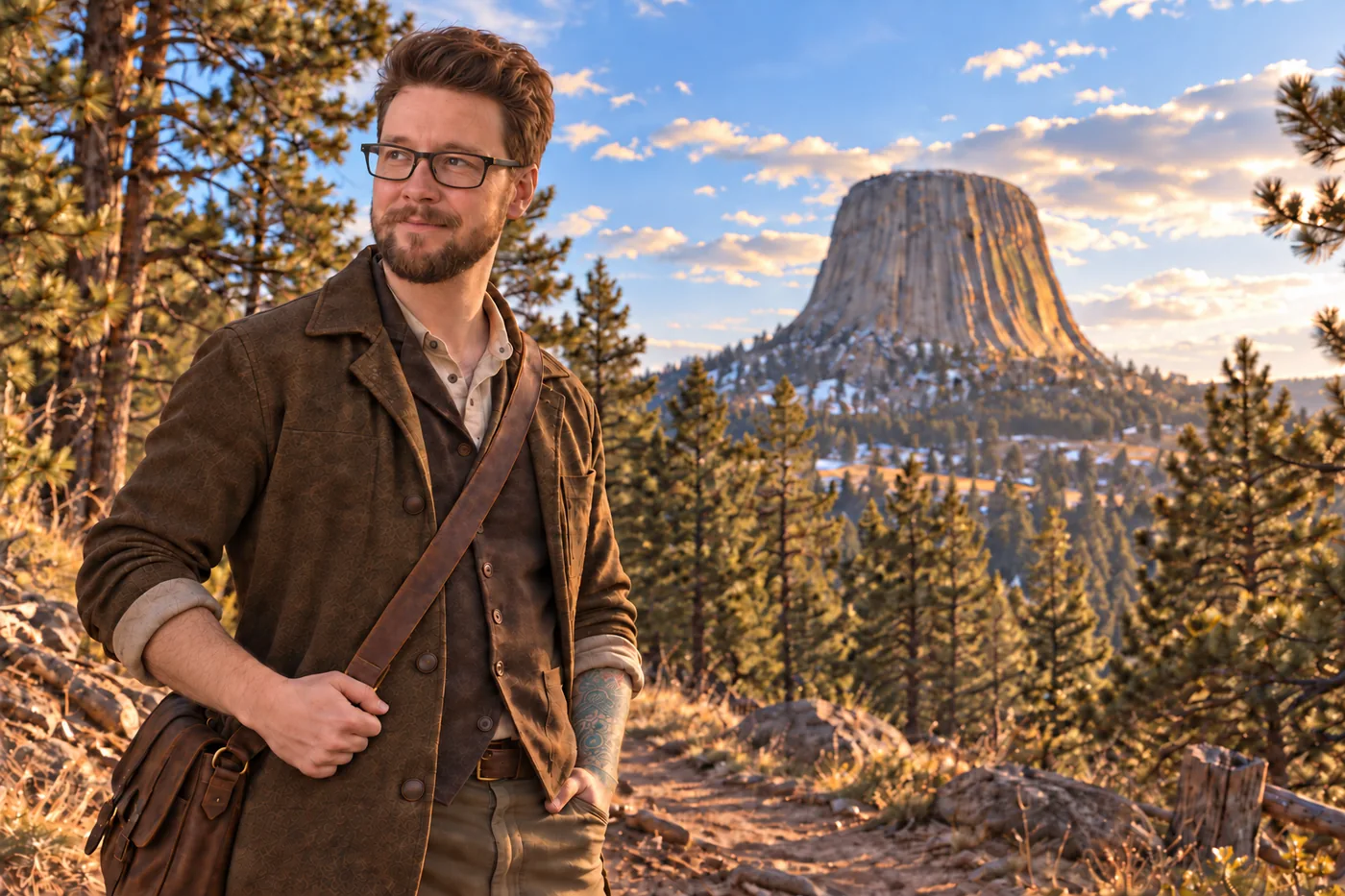 Kit Green on a trail with Devils Tower in the background