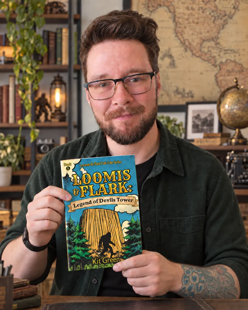 Kit Green holding a copy of Loomis & Flark