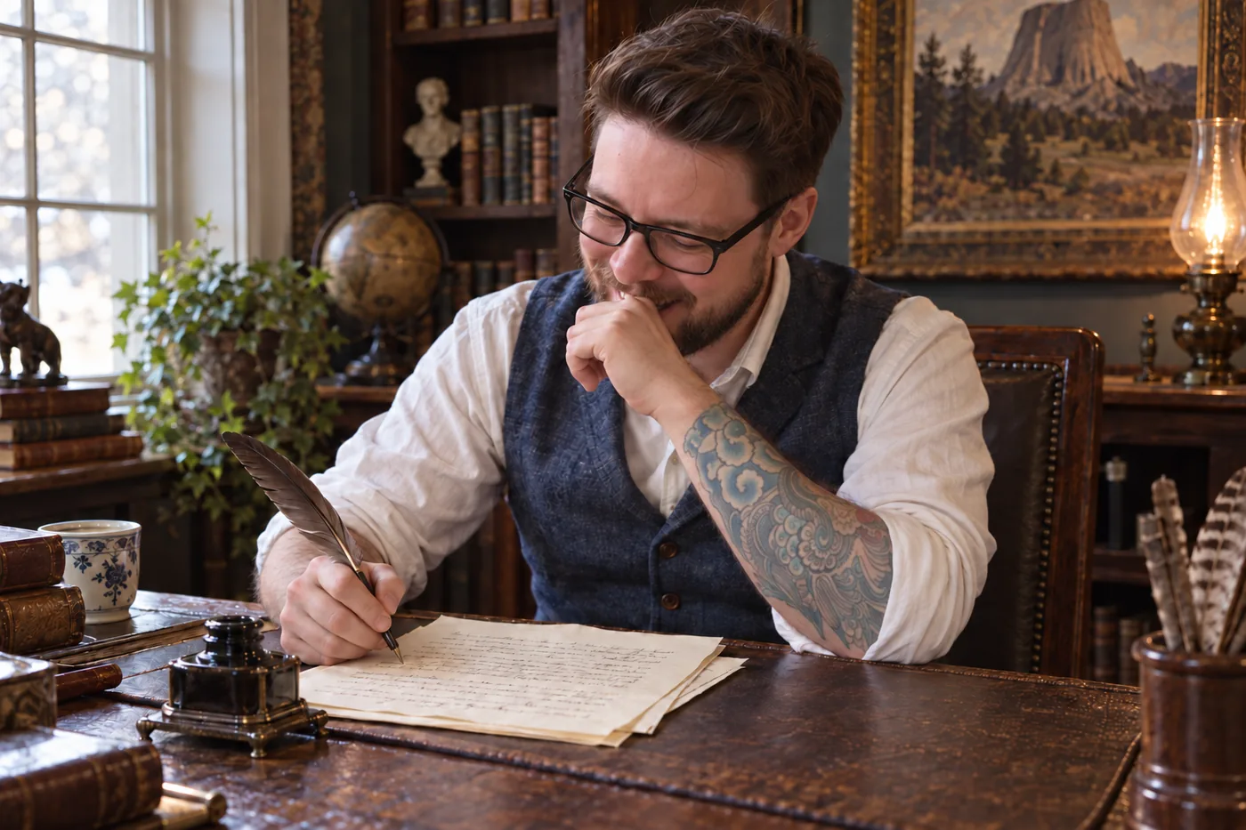 Kit Green laughing at his writing desk with a quill pen